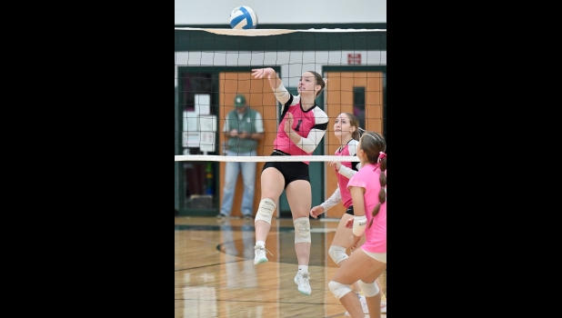 ABBY GRZEGORCZYK (#1) was credited with 6 kills and 3 blocks in least Wednesday’s Pink Out Night game against SSC.