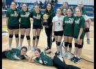 2023 EIGHTH GRADE VOLLEYBALL JACK PINE CONFERENCE CHAMPIONS - (l-r standing) Ella Hunter, Kailee Rugenstein, Danika Jajo, Coach Kelli Ivey, Emma McQuarter, Elley Shoultes, Emily Breza; (in back) Katie Johnson, Hailey Niedzwiecki, and BreeAnn Carr. Team Managers were Alivia McQuarter and Brynn Ivey (on the floor). --Courtesy Photo