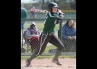 ALAINA BACKUS (#2) hit an RBI single to give the Spartans an early lead in their 5-6, second game loss to Farwell last Tuesday. --Journal Photo