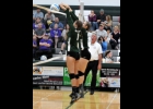 RAYNE WILSON (#1) and SOPHIA SHAKER (#3) go up for a successful block in the first set against the Farwell Eagles last Wednesday. --Journal Photo