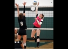 BRIELLE HERNER (#8, left) goes for the kill against Clare last Wednesday. Herner had 3 kills in the losing effort as the Spartans lost to the Pioneers in three sets.   		     --Journal Photo