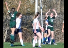 CHLOE DROUSE (#13, right) and Kaia Billingsley (#12, left) celebrate after Drouse scored the team’s first goal of the season in the Spartan’s 2-1 victory over USA on Friday evening. Elizabeth VanHorn was credited with the assist. --Journal Photo