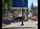 THE FACADE is all that remains of the former doctor’s office and apartments at the corner of Kaiser and Third streets in Pinconning on Monday morning. Walt’s Trucking & Excavating of Pinconnng began demolition of the partially collapsed structure last Thursday.						 --Journal Photo