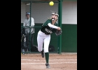KALLIE BLAKE (#16) fires the ball to first for an out in Monday’s first game against Laker.     --Journal Photo