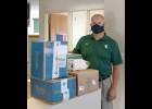 PASD SUPERINTENDENT MIKE VIEAU poses with an example of a hand sown mask donated to the district by the MAUCE sewing group and others. The final count of the donated masks was 6,000+ in both adult and youth sizes. Mr. Vieau noted that this is an excellent example of the local community supporting the district, their students and others in our area when needs arise. --Journal Photo