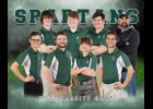 THE 2022 PINCONNING SPARTAN VARSITY BOYS GOLF TEAM: (all l-r) Front Row: Logan VanWert, Wyatt Osier, Cole Brady, Teddy Shark. Back Row: Drew Railean, Tyler Floyd, Will Pashak, Coach Travis Brady.